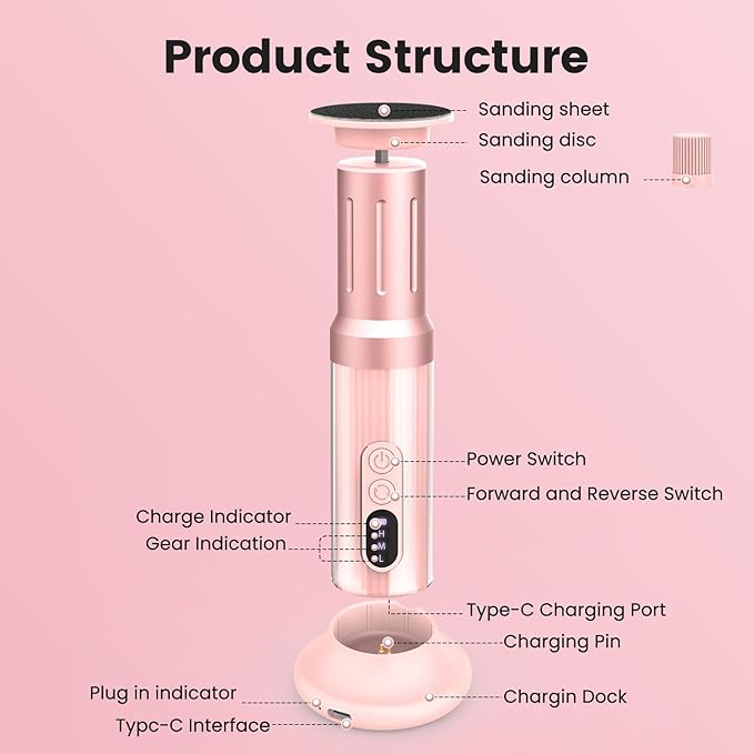 2 in 1 Electric Foot Callus Remover, 2000RPM Professional Electric Callus Remover for Feet with 6 Adjustable Settings, Rechargeable Foot File & Nail Drill with 40Pcs Sandpaper Discs (Pink)