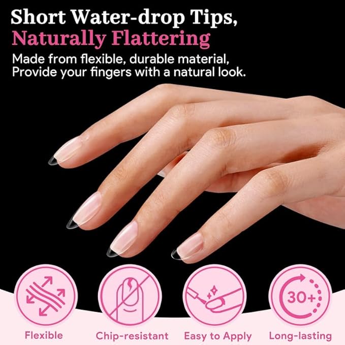 Short Water-drop Fake Nail Tips, 15 Sizes 240 PCS Clear Half Matte Press On False Nail Tips Soft Full Cover Gel Nail Tips Extensions Strong Thick Long Lasting for DIY Beginners & Salon Manicure