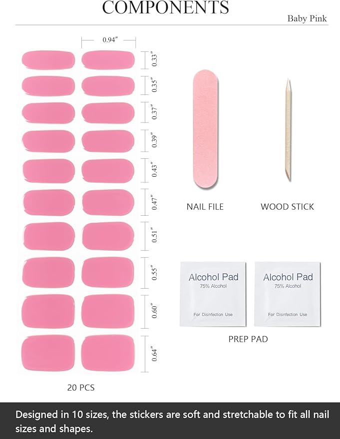Semi Cured Gel Nail Strips (Baby Pink), Pale Pink, 20 Pcs Gel Nail Wraps, Stickers, UV Light Required, Salon Quality, Long Lasting
