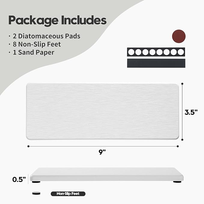 2PCS Bathroom Sink Trays, Water Absorbing Diatomite Stone Quick Drying Mat for Kitchen Counter, Dish Rack Soap Dispenser Sponge Holder Caddy Vanity Organizer, White, 9"x3.5"