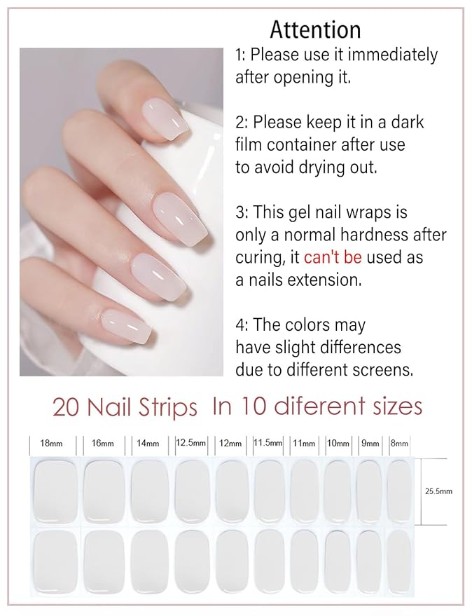 Semi Cured Gel Nail Strips, 20pcs UV Stickers, Sheer Mliky Wraps for Home Nails DIY
