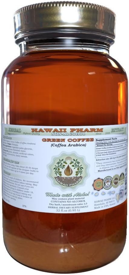 Green Coffee Alcohol-Free Liquid Extract, Green Coffee (Coffea Arabica) Dried Bean Glycerite Hawaii Pharm Natural Herbal Supplement 32 oz Unfiltered