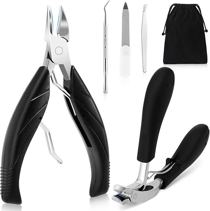 Toe Nail Clippers for Seniors, Dual- Angled Head & Long Handle, Heavy Duty Ingrown Toenail Clipper Set for Men (Black 5-in-1 Set)