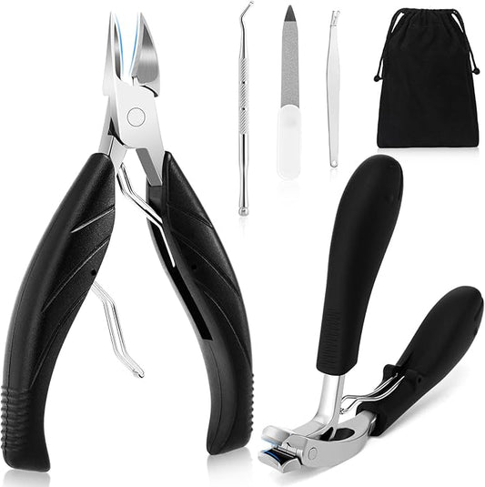 Toe Nail Clippers for Seniors, Dual- Angled Head & Long Handle, Heavy Duty Ingrown Toenail Clipper Set for Men (Black 5-in-1 Set)