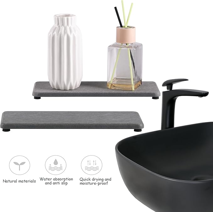 2 Pcs Water Absorbing Stone Trays, Kitchen/Bathroom Sink Soap Dish, Diatomite Tray Used for Hand Soap & Cosmetic Bottles in The Modern Home, 3.15" W x 8.7" L, Gray