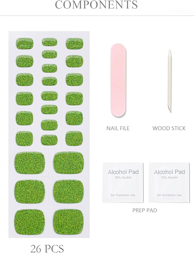 Semi Cured Gel Toenail Strips, 26 Green Glitter Gel Toe Nail Stickers, Works with Any UV Lamps