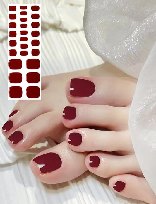Semi Cured Gel Toenail Strips, 26 Wine Red Gel Toe Nail Stickers, Works with Any UV Lamps