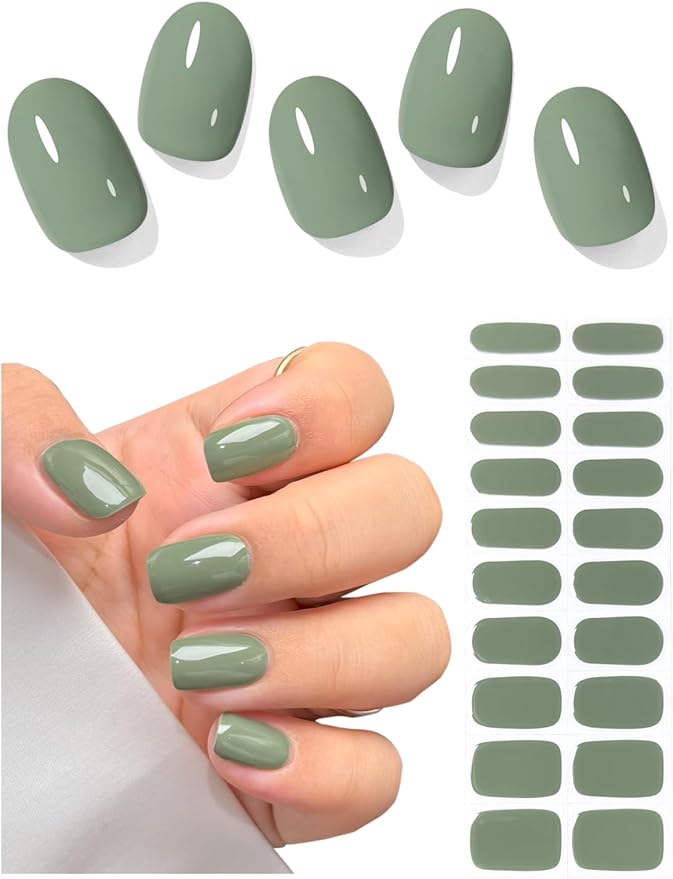 Semi Cured Gel Nail Strips (Moss Green), 20 Pcs Gel Nail Wraps, Stickers, Salon Quality, Long Lasting, Works with Any Lamps