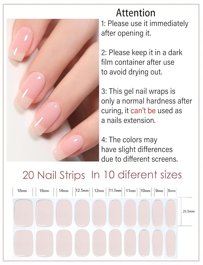 Semi Cured Gel Nail Strips, Natural Color, Jelly Nude, Easy to Use and Remove, 20pcs Gel Nails Sticker for Home Nails DIY