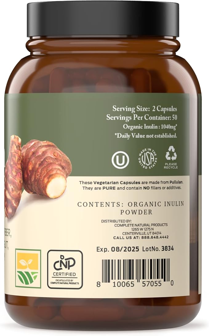 Complete Natural Products Organic Inulin Capsules - 520mg 100 Pills, Organic Jerusalem Artichoke Inulin Capsules