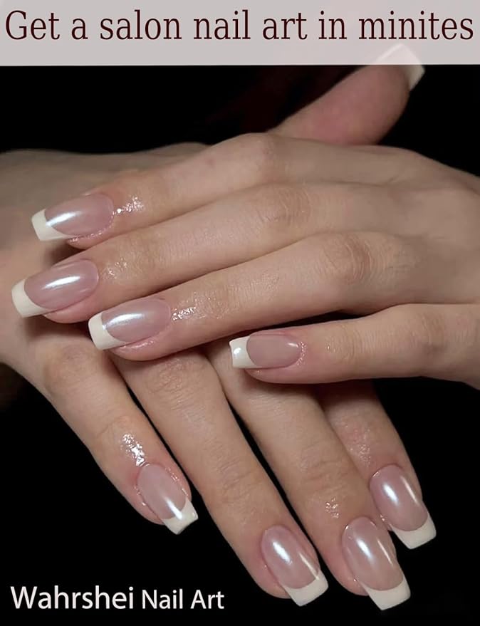 Semi Cured Gel Nail Strips, 20pcs Glazed French Gel Nail Stickers for Home Nails DIY