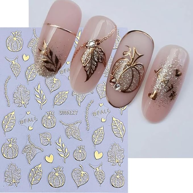 Halloween Nail Stickers 3D Spider Web Pumpkin Nail Artl Stickers Fall Thanksgiving Maple Leaves Nail Decals Self Adhesive Cobweb Design Sticker Holiday Nail Art Decoration for Women Accessories