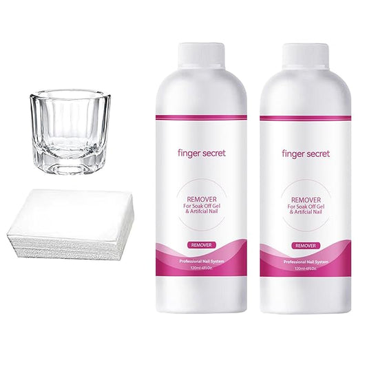 2 PCS Finger Secret Nail Polish Gel Remover with Glass Cup and 50 Cotton Pads - Professional Fingernail Polish Remover for Soak Off Gel and Artificial Nails.Removes Easily