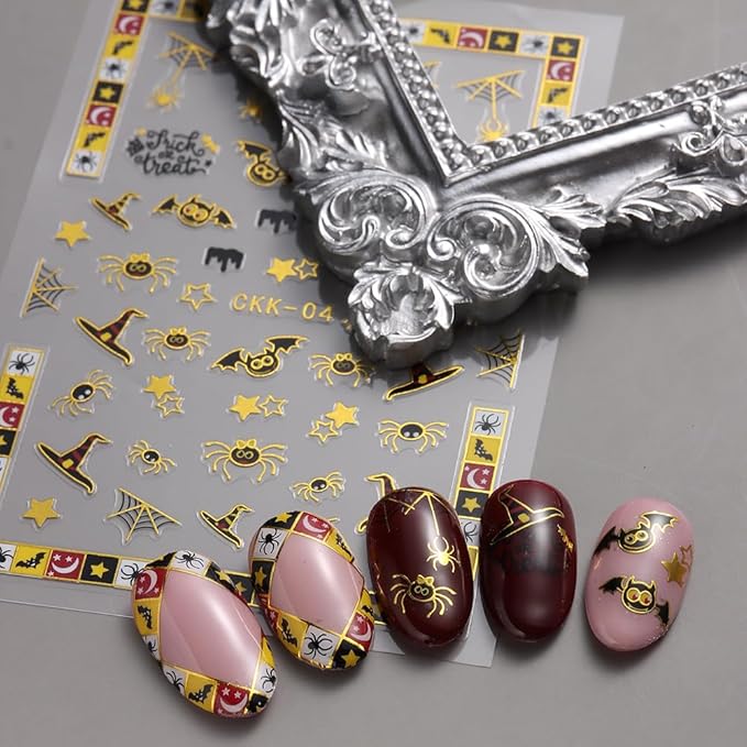 Halloween Nail Stickers Cat Spider Web Ghost Pumpkin Nail Decals 3D Gold DIY Self Adhesive Witch Nail Design Sticker Halloween Nail Decoration Supplies Holiday Manicure Accessories for Women 6Pcs