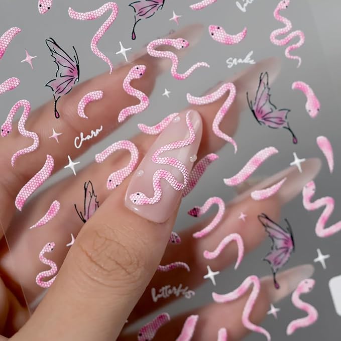 Pink Snake Nail Stickers Butterfly Nail Art Stickers 3D Self-Adhesive Snake Butterfly Star Design Nail Decals Halloween Acrylic DIY Nails Decoration Accessories for Women Holiday Nails