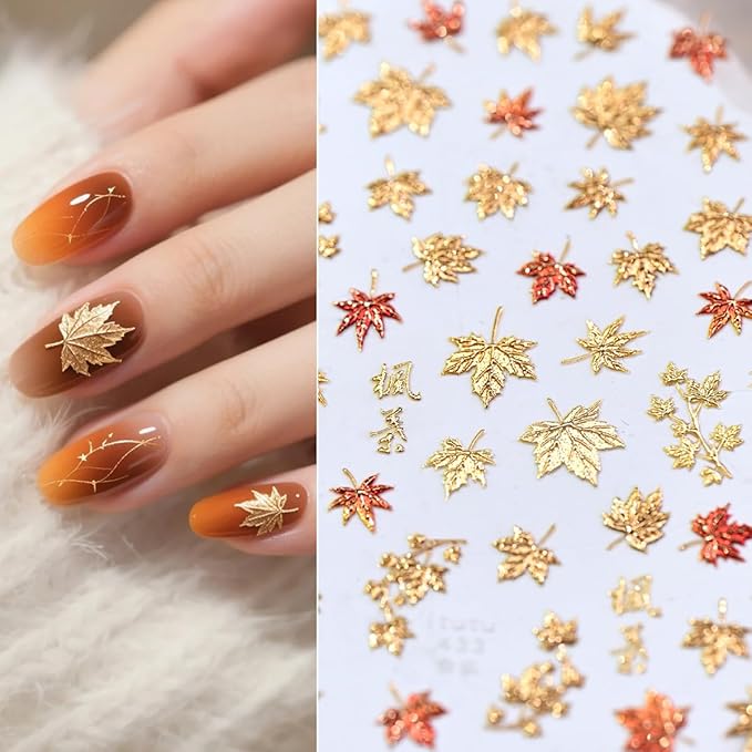 5D Embossed Gold Maple Leaves Nail Stickers for Nail Art Thanksgiving Nail Art Stickers with Glitter Autumn Leaf Design Fall Nail Decals for Women DIY Acrylic Manicure Decoration Accessories 1 Sheets