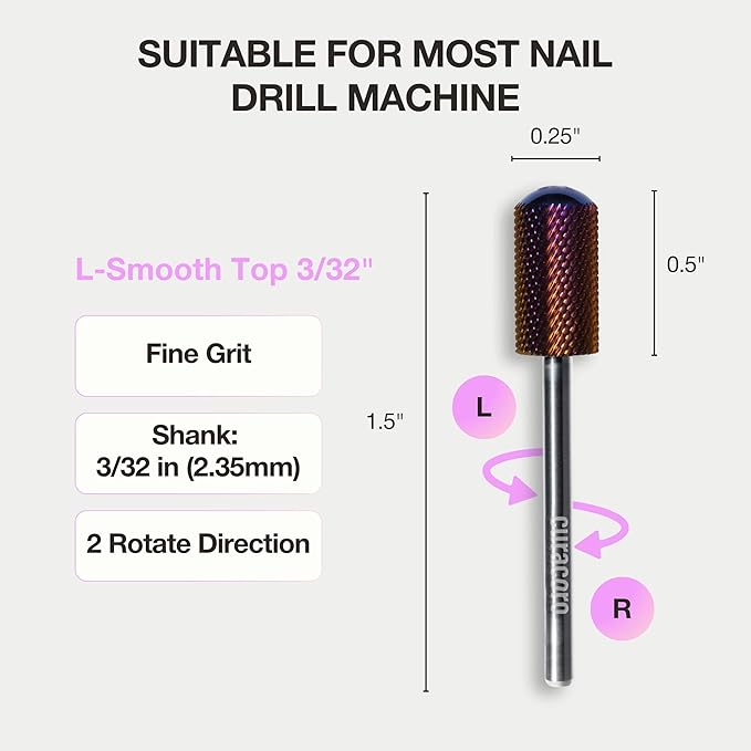 Curacoro Nail Drill Bits 3/32'' - L-Shape Smooth Stop Barrel Carbide Bit (Fine) for Professional Finish, Gently Remove, Buff & Polish Gel Nails, Nail Art Pedicure Manicure Salon & Home