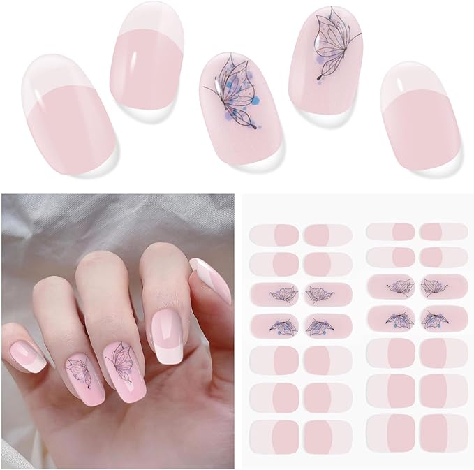 Semi Cured Gel Nail Strips | 28 pcs Gel Nails Strips for Women Work with Any UV Lamp, UV Nail Stickers for Women Home DIY Nails Art (French Butterfly)