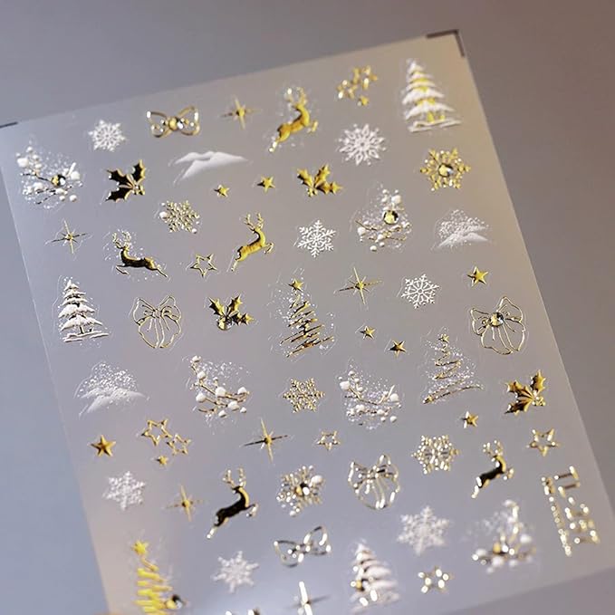 Christmas Nail Art Stickers 5D Embossed Christmas Nail Decals with Rhinestone 1PCS Gold Deer Xmas Tree Snowflake Xmas Nails Design Manicure Sticker Accessories for Women Holiday DIY Nail Decorations