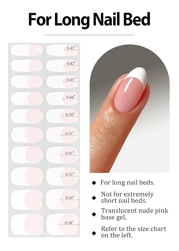 Semi Cured Gel Nail Strips (Classic French-L), White French Tip, 20 Pcs Gel Nail Wraps, Stickers, UV Light Required, Salon Quality, Long Lasting