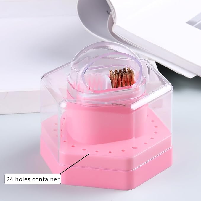 2 in1 Nail Drill Bit Holder and Nail Drill Bits Cleaner Brush Case, 24 Holes Pink Nail Drill Bit Holder Stand Display Organizer Dust Proof Storage Container Box Case Nail Tech Supplies