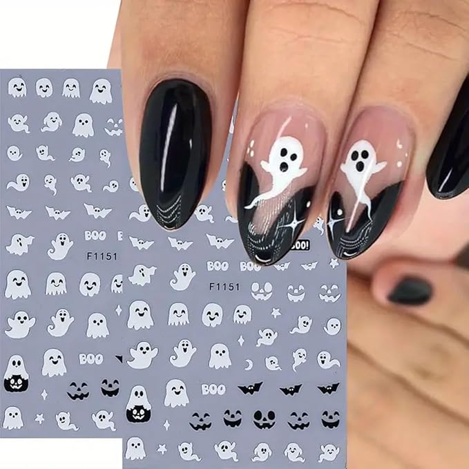 Halloween Ghost Nail Art Stickers Luminous Nail Stickers 6PCS Cute Ghost Bat Boo Halloween Nails Design 3D Self-Adhesive Nail Decals Nail Art Supplies Manicure Sliders for Women DIY Nail Decorations