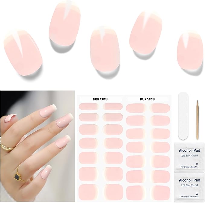 Semi Cured Gel Nail Strips, 28 pcs UV Gel Nail Stickers Full Nails Wraps for Women Home DIY Nails Art, UV Light Required(Pink French)
