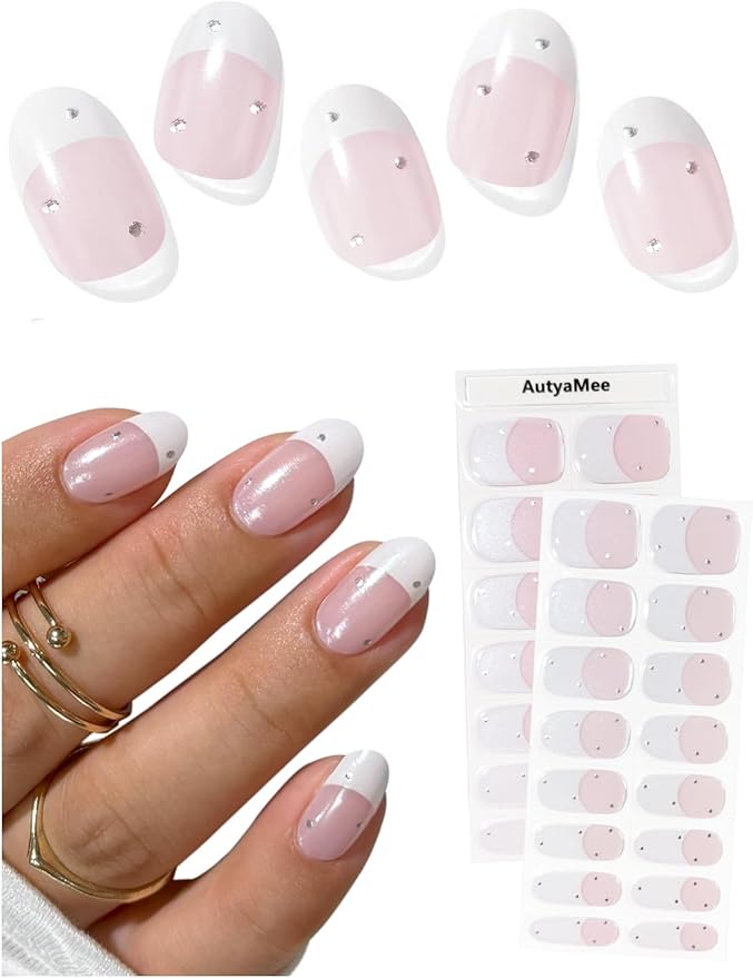 Semi Cured Gel Nail Strips (Chrome White French), Pearls, Glazed Donut, 30 Pcs Gel Nail Wraps, Stickers, UV Light Required