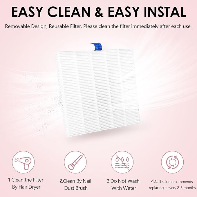 Pink Nail Dust Collector with Reusable Filter for Acrylic Gel Nails, 80W Power Nail Vacuum Cleaner Dust Catcher Adjustable Dust Sucker for Nails Manicure Pedicure at Home Nail Salons