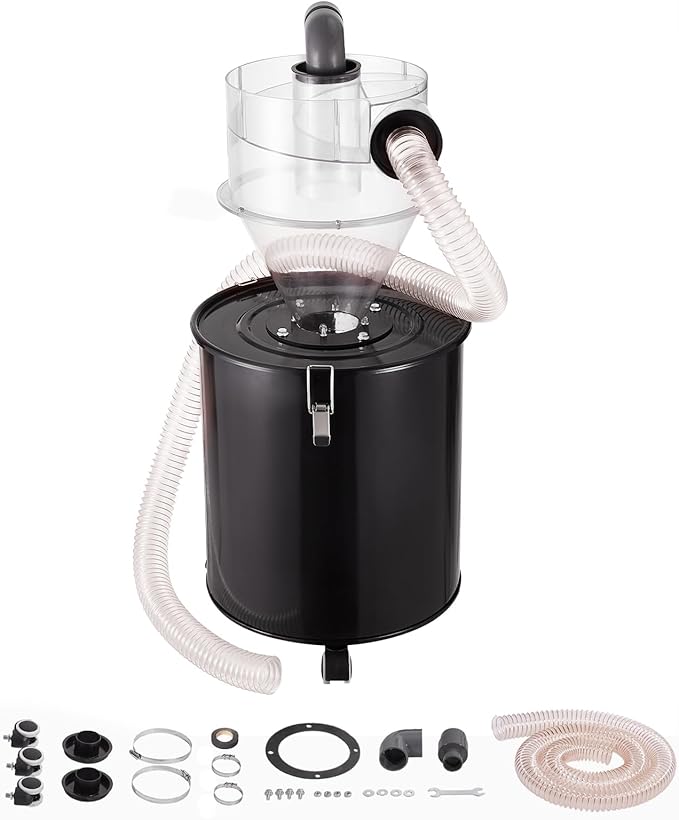 VEVOR Cyclone Dust Separator with Metal Tank, 4" Retrofit Cyclone Separator for Dust Collectors, ABS Material With 2" Hole O.D. Connector & Hose for Wet/Dry Shop Vacuums, Fits 13.21 Gallon Tank