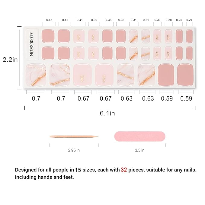 Semi Cured Gel Toenail Strips, 32 Pink Texture Gel Toenail Stickers - Works with Any UV Lamps Pedicure Strips Full Nail Wraps with Nail File & Wood Stick