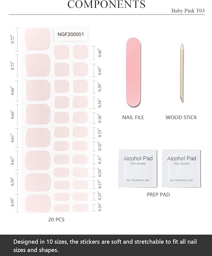 Semi Cured Gel Toenail Strips (Baby Pink T03), 32 Pcs Gel Pedi Stickers, Wraps, UV Light Required, Salon Quality, Long Lasting