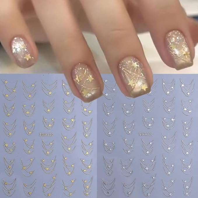 6 Sheets Star Nail Stickers for Nail Art, 3D Self-Adhesive Nail Decals, Moon Butterfly Nail Supplies Nail Art Design Accessories for Women Girls Manicure DIY Decoration
