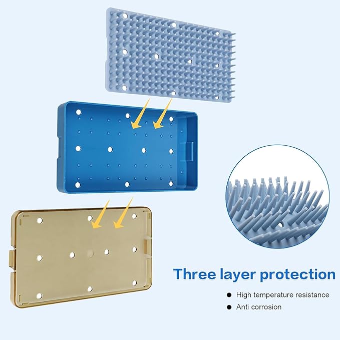 Dental Plastic Sterilization Tray Box Instrument Autoclavebale Detachable Stand Box Holder with Silicone Mat (Large)