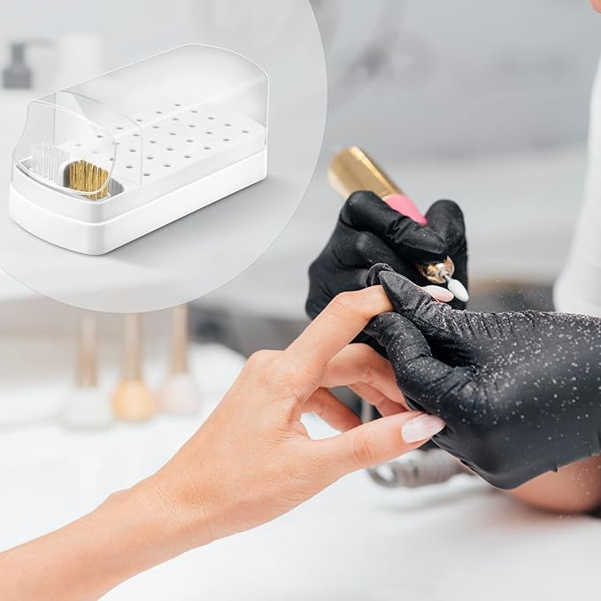2 In 1 Nail Drill Bits Holder & Nail Drill Bits Cleaner Case,30 Holes Dustproof Nail Art Drill Bits Stand for Nails Display Organizer Container Manicure Tools (Not Include Nail Drill Bits) White