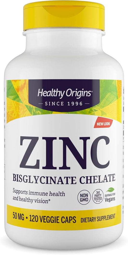 Healthy Origins Zinc Bisglycinate Chelate 50 Mg (Albion Minerals, Bioavailable, Non-GMO, Gluten Free, Immune Support), 120 Veggie Caps