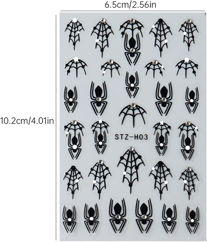 Spider Web Nail Art Stickers Halloween Nail Decals Cobweb Nail Stickers Rhinestone Design 3D Self-Adhesive Black Spiderweb Nail Sliders Manicure Accessories Holiday Nail Decorations for Women