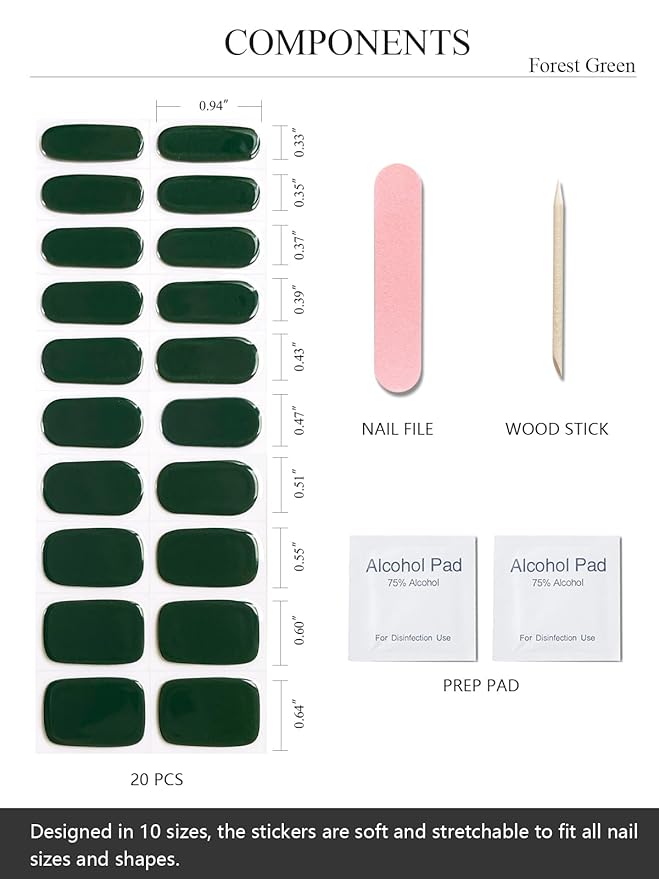 Semi Cured Gel Nail Strips (Forest Green), 20 Pcs Gel Nail Wraps, Stickers, UV Light Required, Salon Quality, Long Lasting