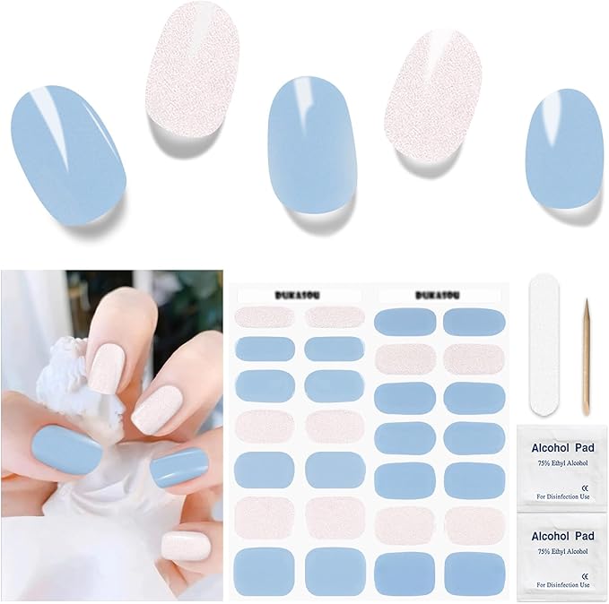 Semi Cured Gel Nail Strips, 28 pcs UV Gel Nail Stickers Full Nails Wraps for Women Home DIY Nails Art, UV Light Required(Sky Blue)