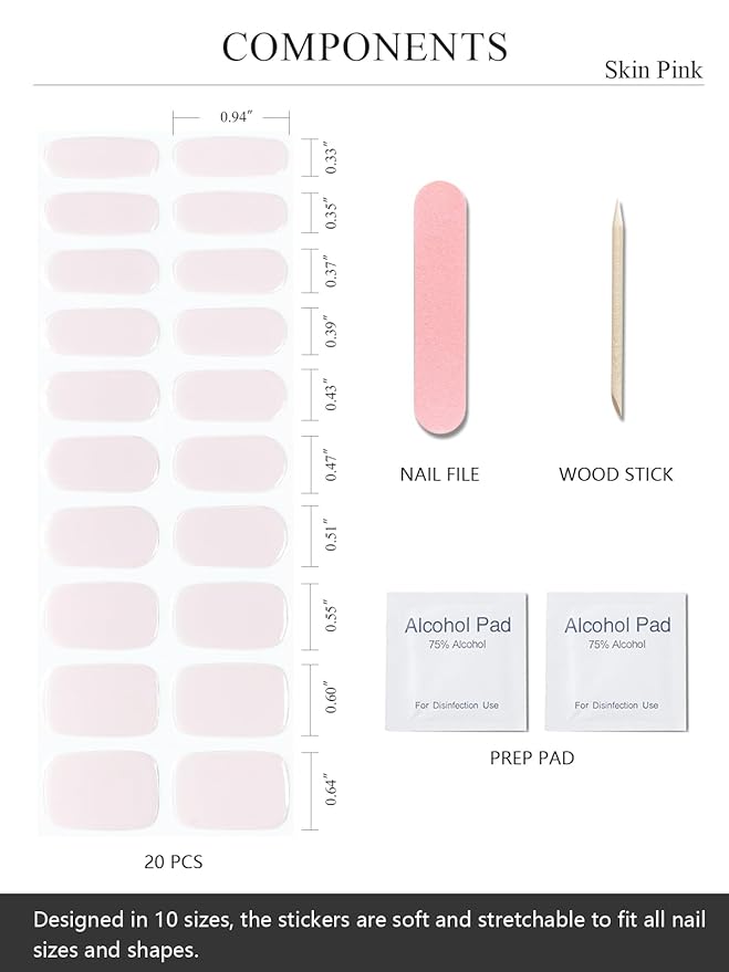 Semi Cured Gel Nail Strips (Skin Pink), 20 Pcs Gel Nail Wraps, Stickers, UV Light Required, Salon Quality, Long Lasting