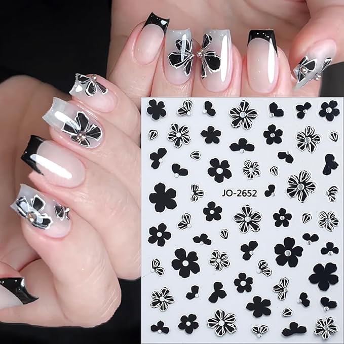 Flowers Nail Art Stickers - Black, Gold, Silver, White 3D Self-Adhesive Decals for Acrylic DIY Nail Decorations - Fall Flower Charms for Women - 6 Pcs