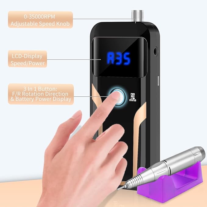 Portable Nail Drill Professional 35000 RPM, MOCOWIND Rechargeable Electric Nail File Machine E File for Acrylic Gel Polishing Removing, Cordless E-File with Bits Kit for Manicure Salon Home, Black