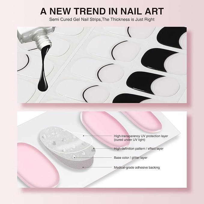 Semi Cured Gel Nail Strips - 30PCS Gel Nail Stickers for UV Light, Long-Lasting Gel Nail Wraps, Salon-Quality Semi Cured Nail Stickers, 2 Weeks Wear, Easy DIY Gel Manicure-Tuxedo