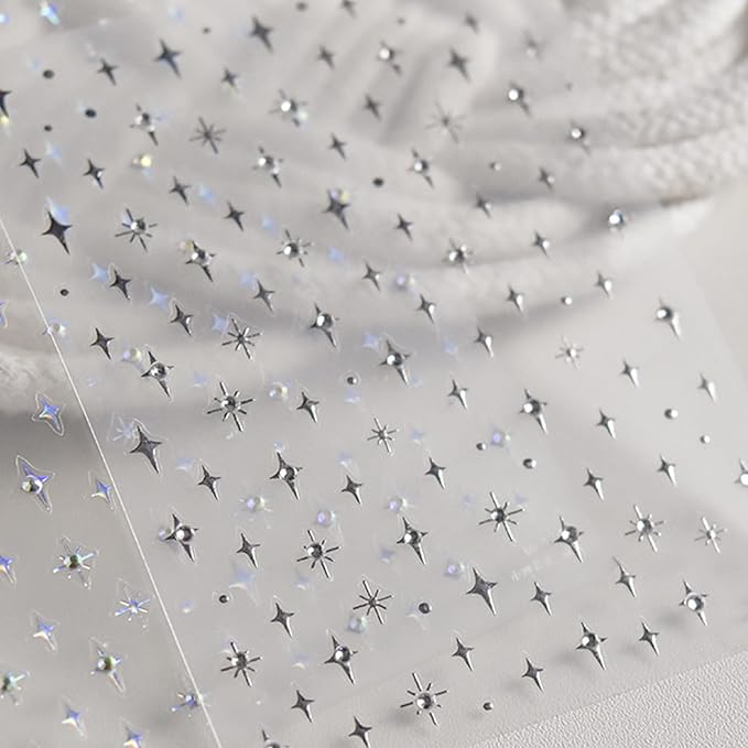 1Sheet Silver Star Nail Decals 5D Embossed Self-Adhesive Diamond Star Nail Sticker Shiny Rhinestones Stars Nail Design Holographic Stars Nails Decoration Mini Nails Supplies for Women Manicure DIY