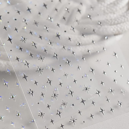 1Sheet Silver Star Nail Decals 5D Embossed Self-Adhesive Diamond Star Nail Sticker Shiny Rhinestones Stars Nail Design Holographic Stars Nails Decoration Mini Nails Supplies for Women Manicure DIY