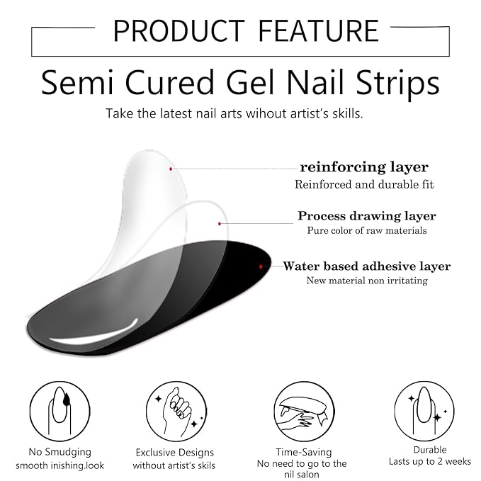 WOKOTO Semi Cured Gel Nail Strips (Black Glitzy)-16 Pcs Gel Nail Stickers | Gel Nail Wraps | UV Light Required, Salon Quality & Easy to Use, Real Nail Polish Strips Stick On Nails with Nail File