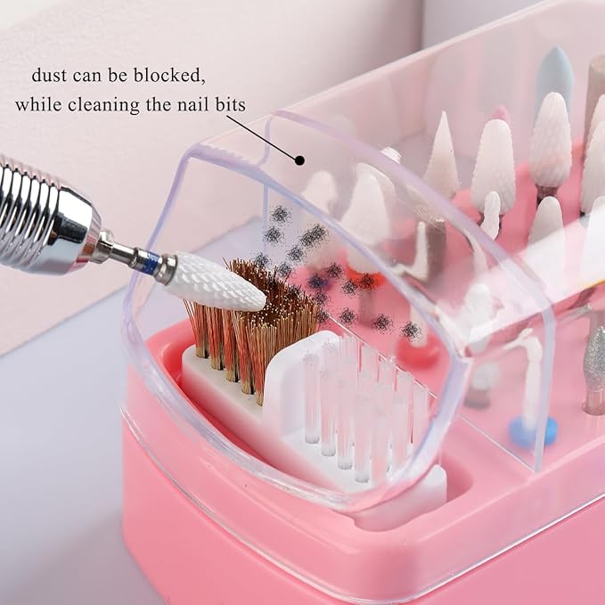2 in 1 Pink Nail Drill Bit Holder and Nail Drill Bits Cleaner Brush Case, 30 Holes Dust-proof Nail Bit Holder Organizer Display Storage Box, Nail Bit Cleaning Case Manicure Container Tool
