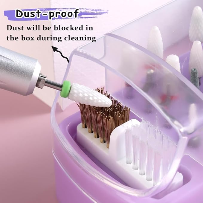 2 in 1 Nail Drill Bit Holder & Cleaner Brush Case, 30 Holes Dustproof Stand Display Storage Box with Steel Wire & Nylon Double Brush for Cleaning Tungsten Carbide Ceramic Nail Drill Bits Cuticle