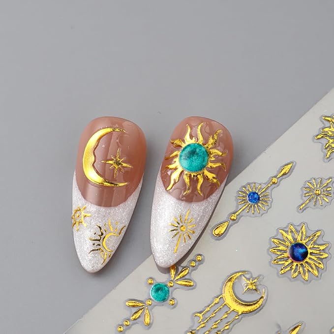Gold Silver Star Sun Moon Nail Stickers for Nail Art 3D Self-Adhesive Stars Sun Moon Nail Tip Decals Spring Summer Fall Daily Design Manicure Decoration Accessories Stickers for Women DIY Nails