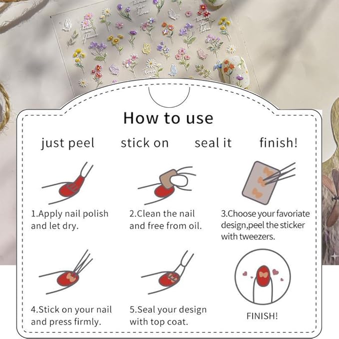1 Sheets Wild Flower Nail Stickers for Nail Art, Embossed Shell Light Self-Adhesive Daisy Butterfly Nail Decals, Nail Supplies Nail Art Designs Accessories for Women and Girls Manicure DIY Decoration